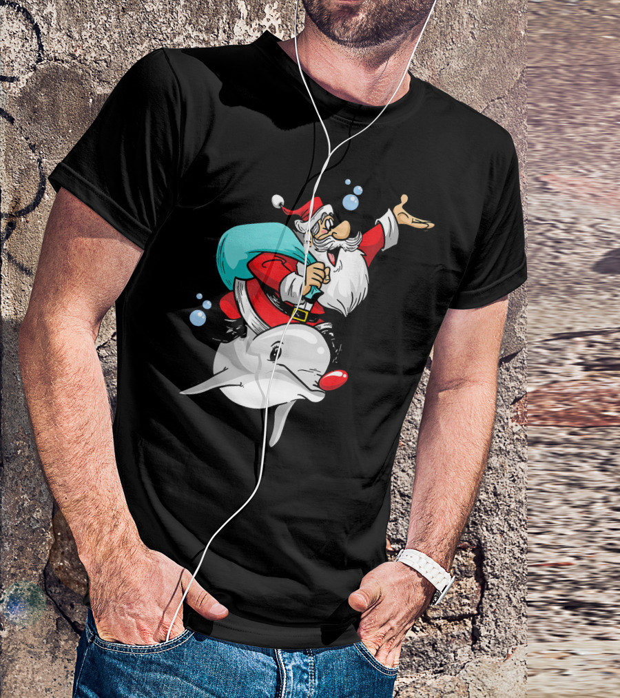 Christmas In July Santa Riding A Rudolph-Nosed Dolphin T-Shirt