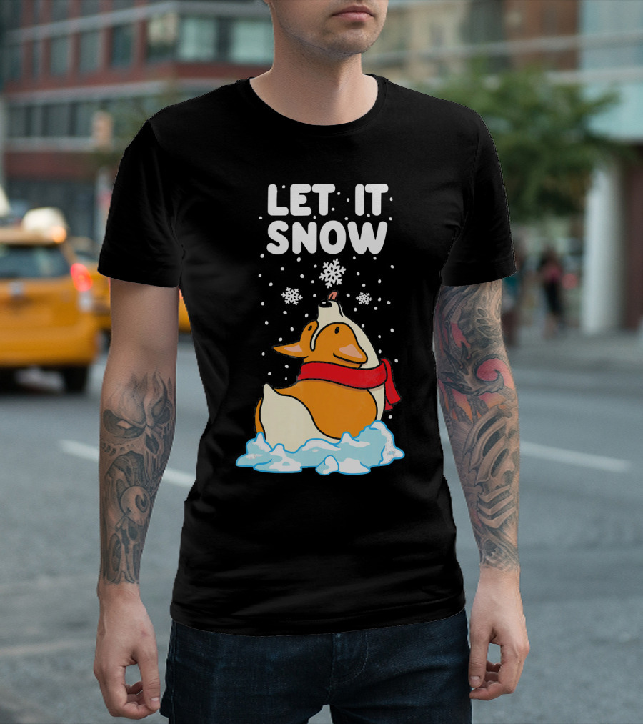 Let It Snow Corgi with Red Scarf in Snowfall T-Shirt