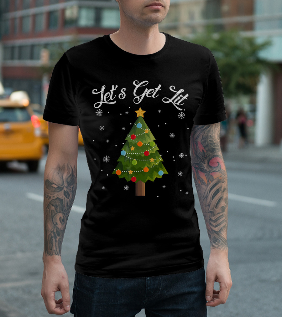 Let's Get Lit Christmas Tree Funny Drink Snowflakes T-Shirt