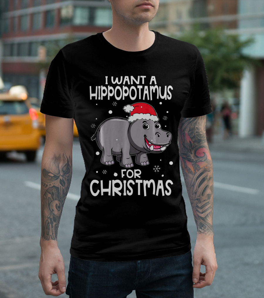 I Want A Hippopotamus For Christmas Santa Hat Snowflakes T-Shirt