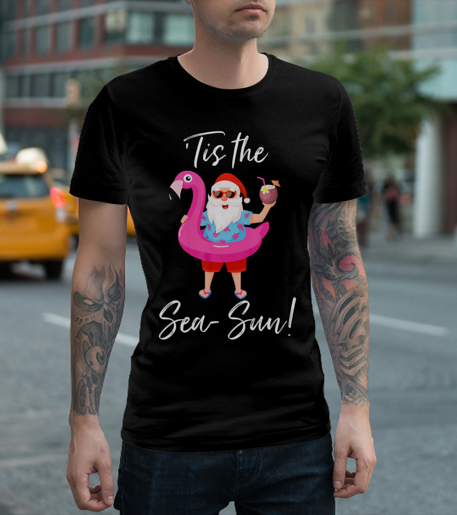 Tis the Sea-Sun Santa Claus Flamingo Float T-Shirt
