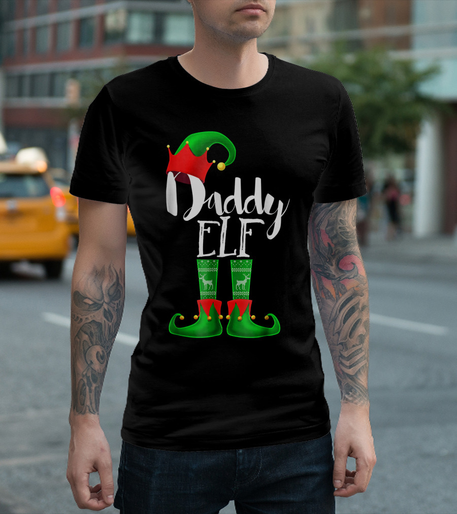 Daddy Elf Christmas Hat And Boots With Festive Green Socks T-Shirt