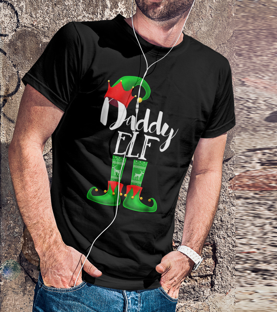 Daddy Elf Christmas Hat And Boots With Festive Green Socks T-Shirt