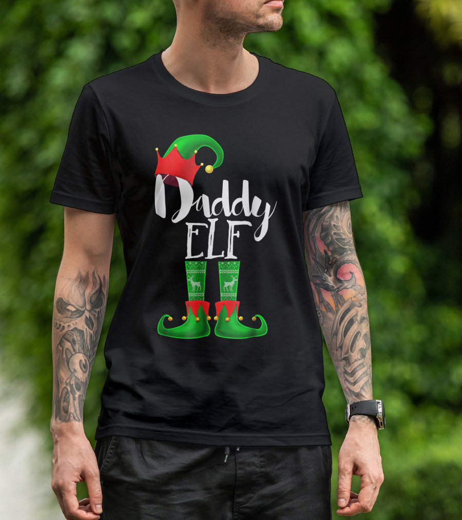 Daddy Elf Christmas Hat And Boots With Festive Green Socks T-Shirt