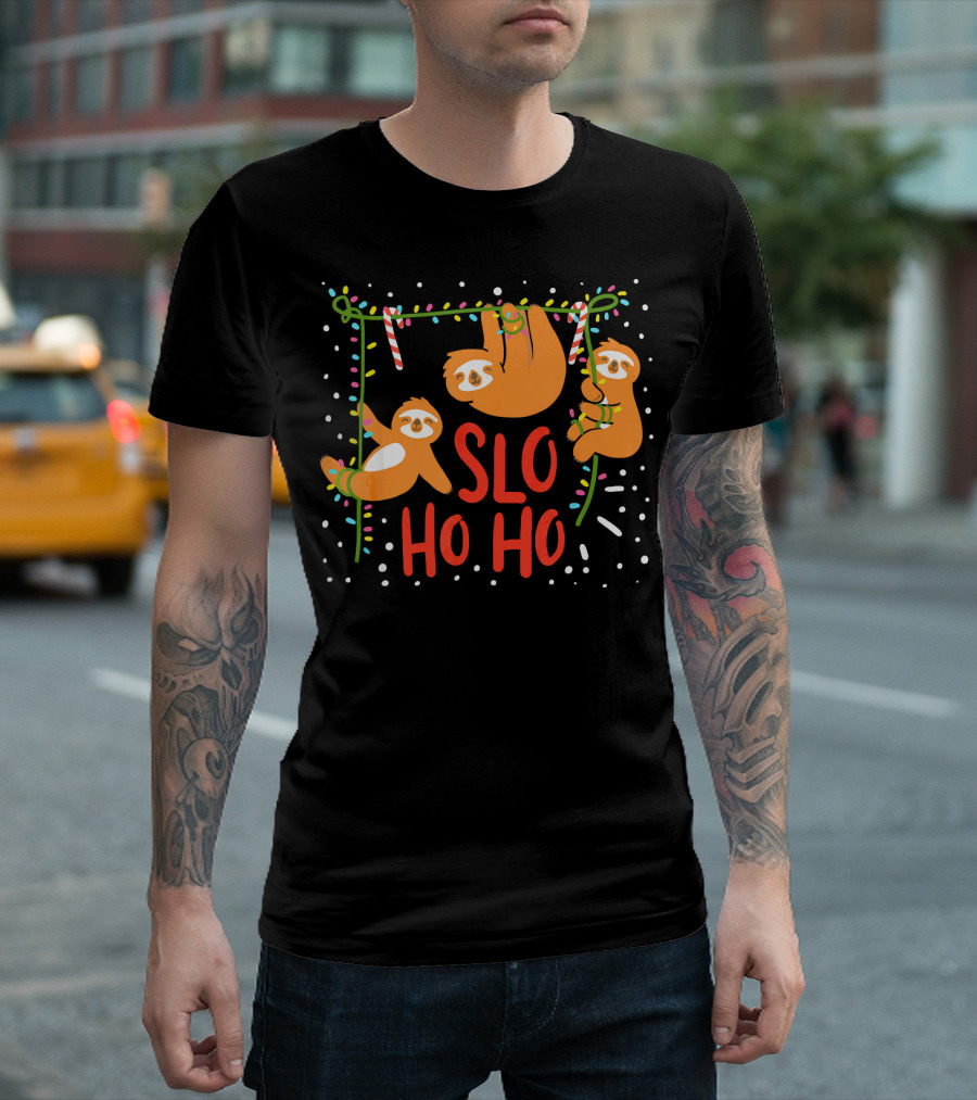 Slo Ho Ho Ho Christmas Sloth Hanging With Candy Cane And Lights T-Shirt