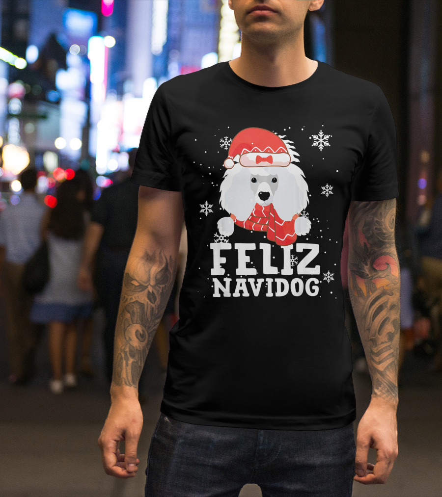 Feliz Navidog Poodle Dog Snowflakes Santa Hat Red Scarf T-Shirt