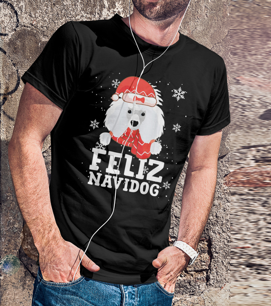 Feliz Navidog Poodle Dog Snowflakes Santa Hat Red Scarf T-Shirt