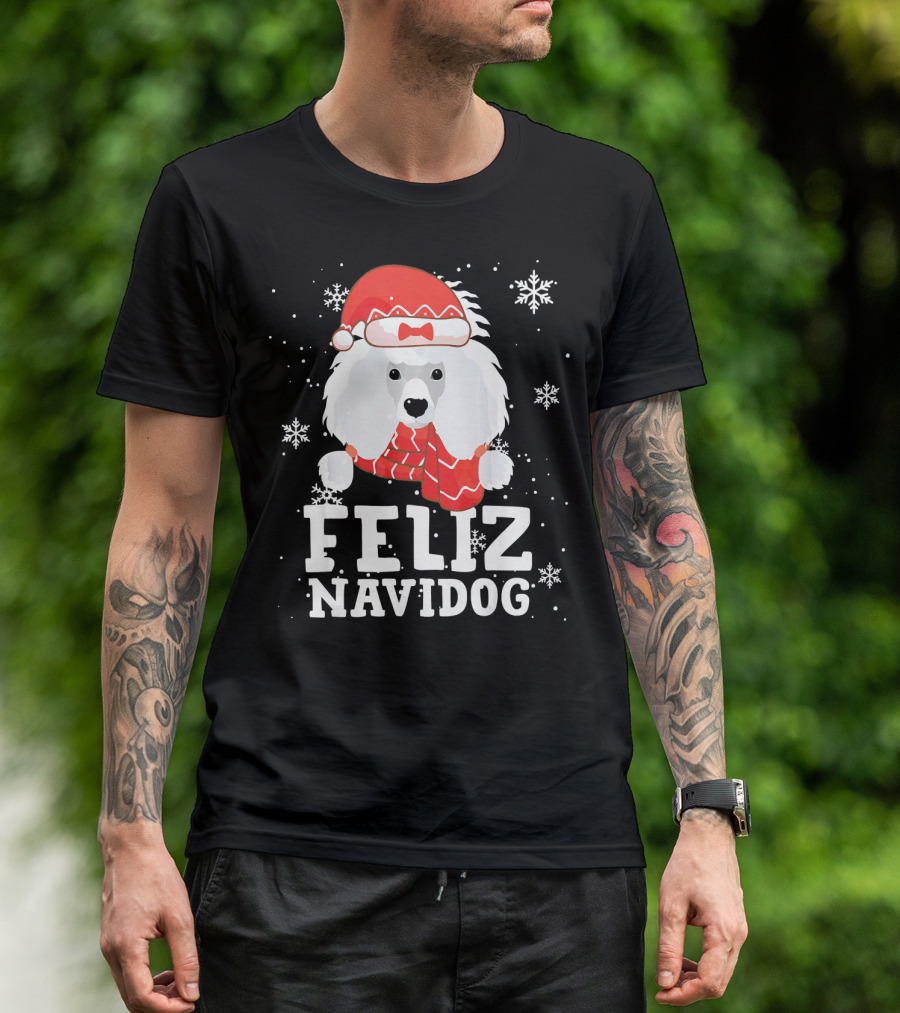 Feliz Navidog Poodle Dog Snowflakes Santa Hat Red Scarf T-Shirt