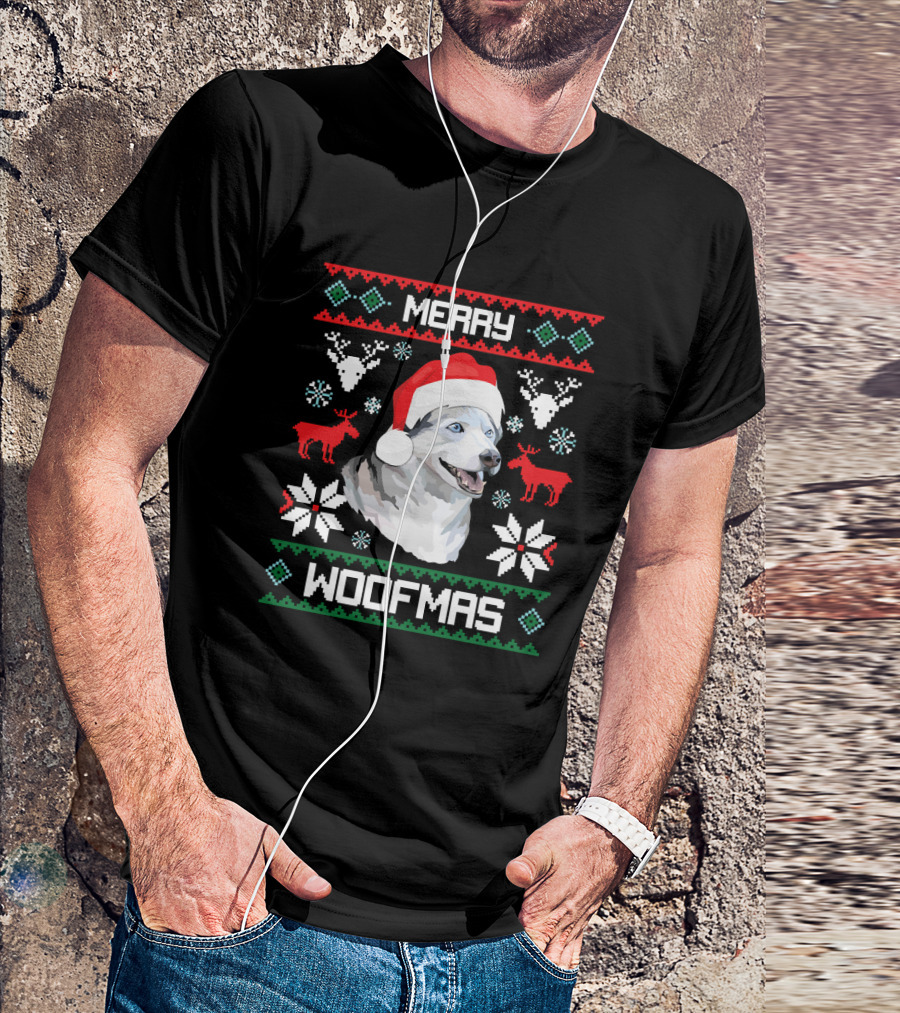 Merry Woofmas Siberian Husky Dog In Santa Hat With Reindeer And Snowflakes T-Shirt