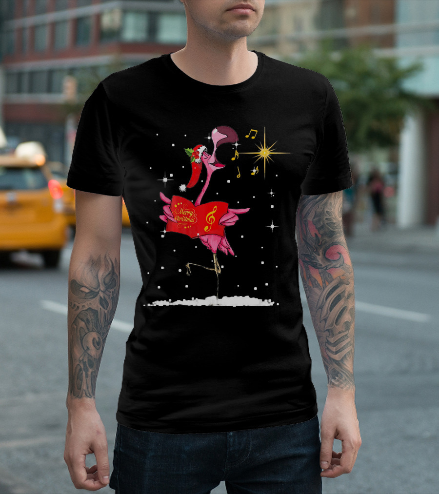 Funny Flamingo Sings Merry Christmas Song with Musical Notes and Santa Hat T-Shirt