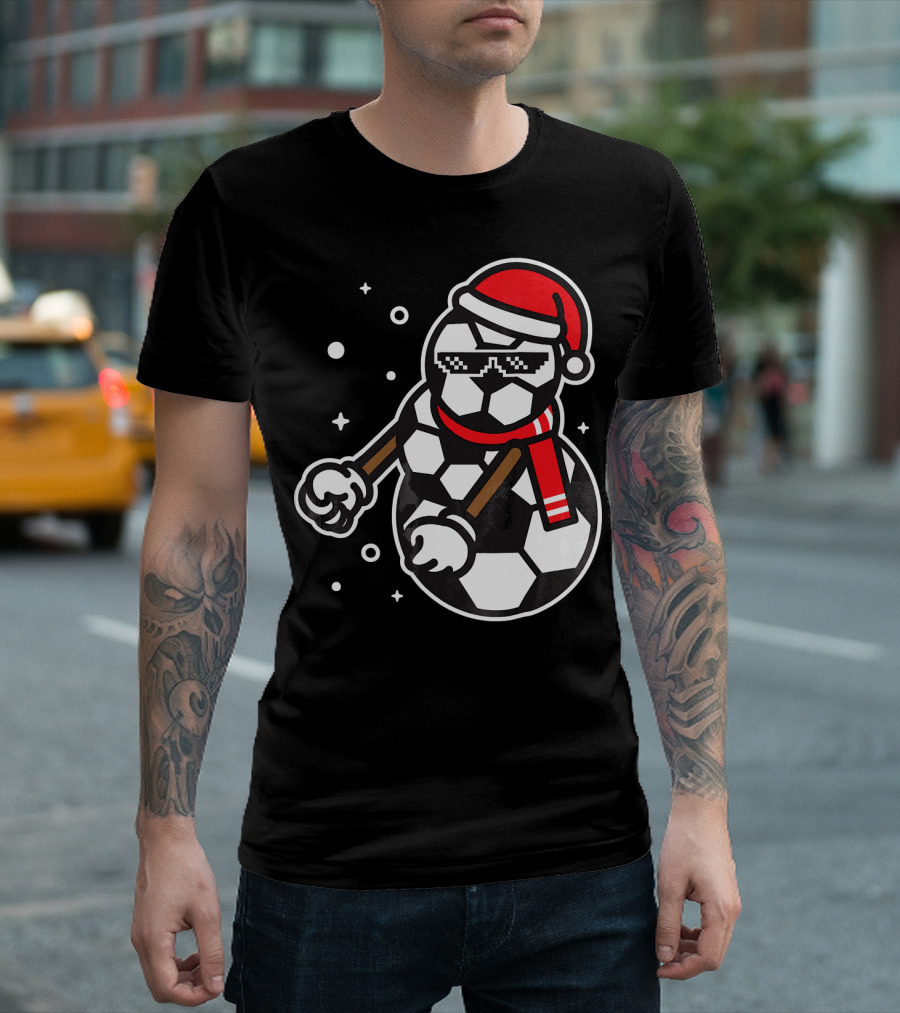Soccer Player Snowman Funny Boy Girl Christmas Cool Santa Hat Pixel Glasses T-Shirt