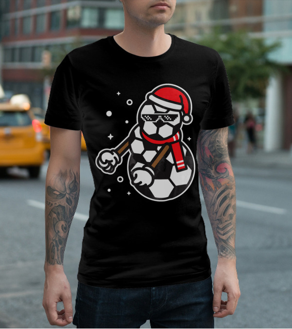 Soccer Player Snowman Funny Boy Girl Christmas Cool Santa Hat Pixel Glasses T-Shirt