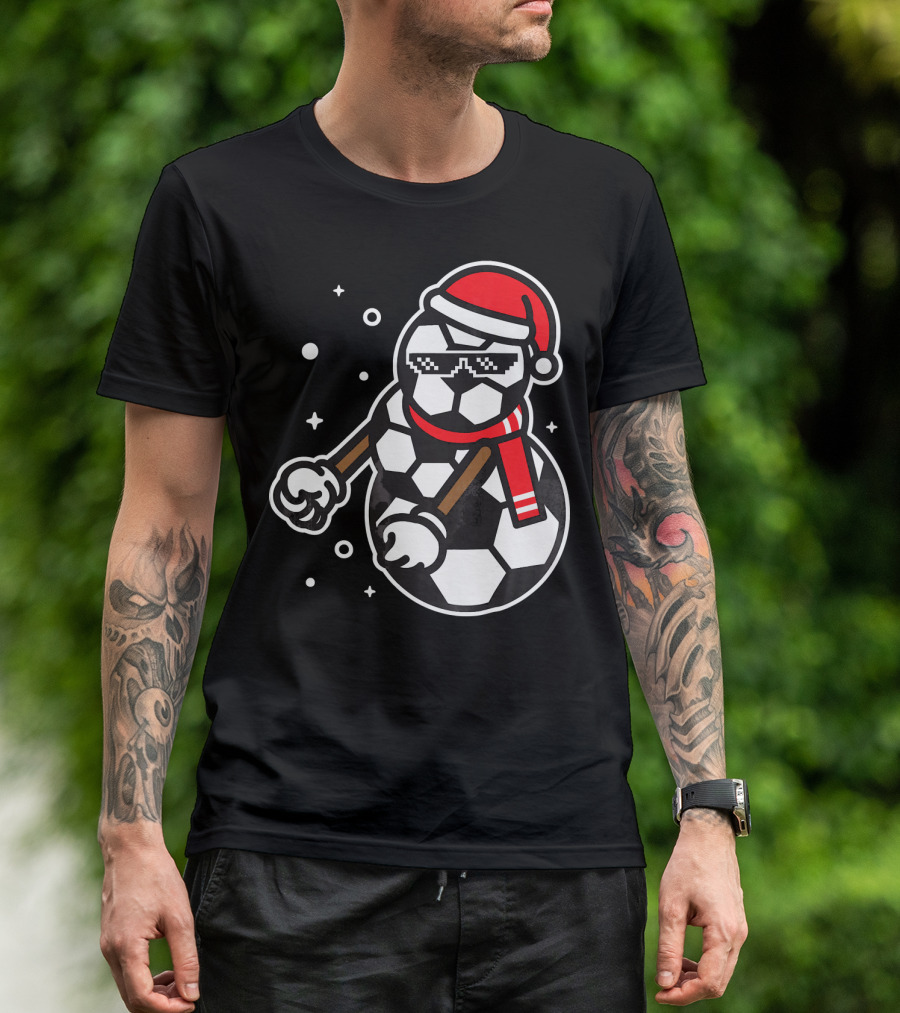 Soccer Player Snowman Funny Boy Girl Christmas Cool Santa Hat Pixel Glasses T-Shirt