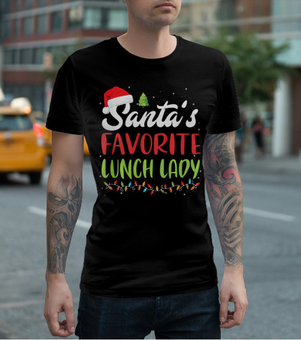 Santa's Favorite Lunch Lady Christmas Lights Santa Hat Tree T-Shirt