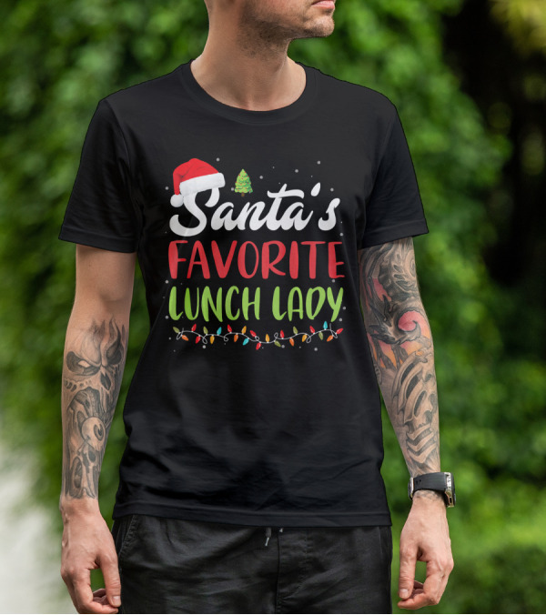 Santa's Favorite Lunch Lady Christmas Lights Santa Hat Tree T-Shirt