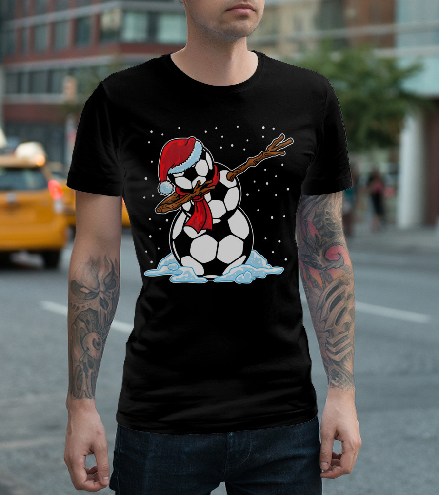 Santa Hat Soccer Ball Snowman with Red Scarf Dabbing in Snowflakes T-Shirt