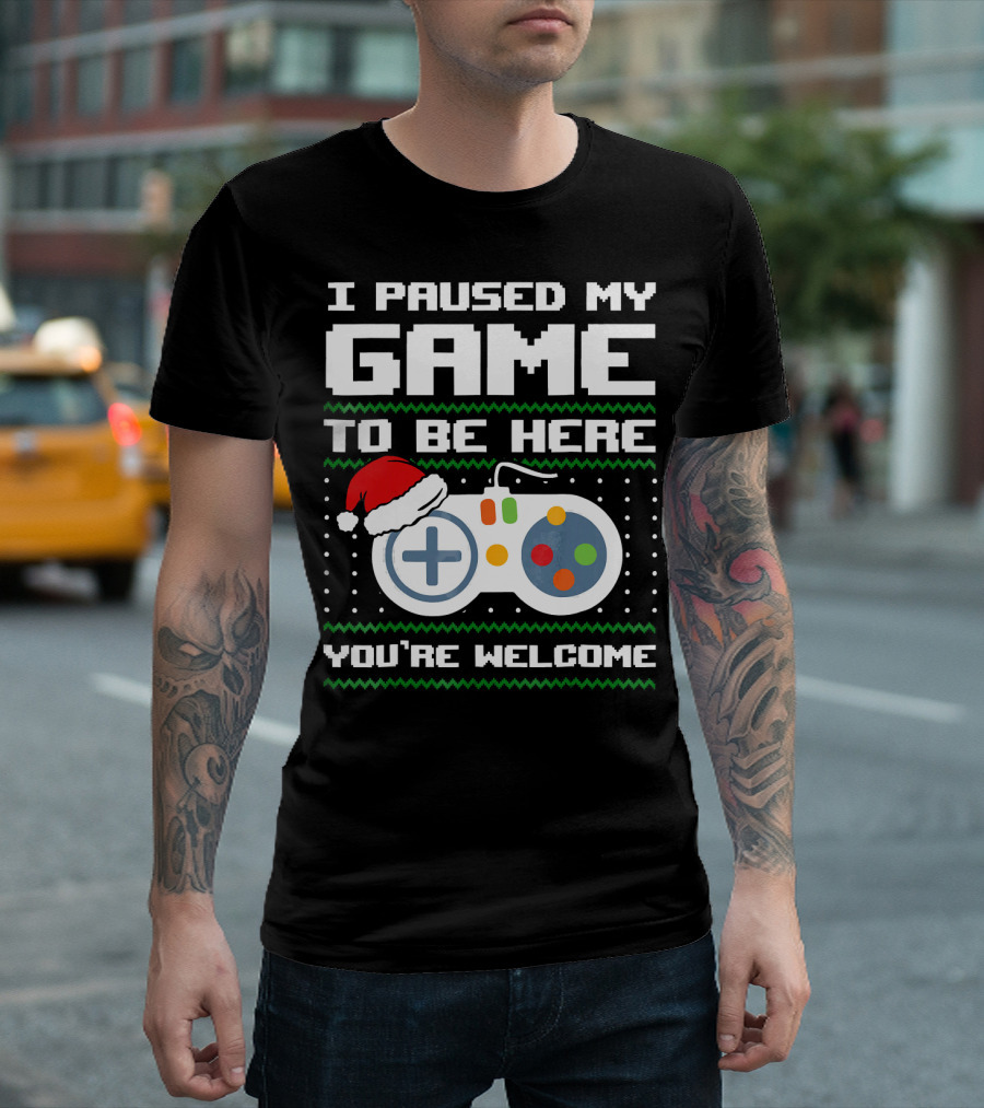 I Paused My Game To Be Here You're Welcome Christmas Santa Hat Controller T-Shirt
