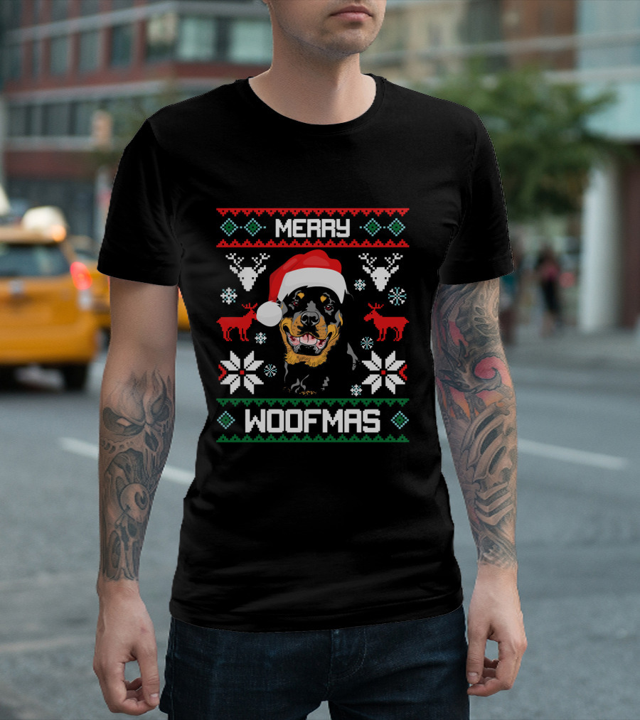 Rottweiler Merry Woofmas Santa Hat Reindeer Ugly Christmas T-Shirt