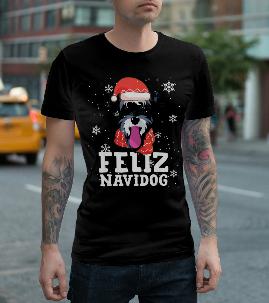Feliz Navidog Miniature Schnauzer Dog Santa Hat Snowflakes T-Shirt