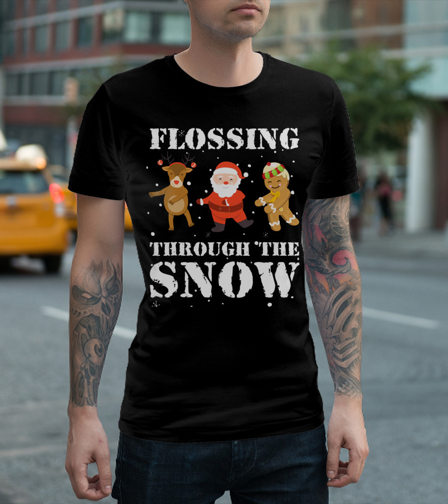 Flossing Through The Snow Santa Reindeer Gingerbread Dancing T-Shirt
