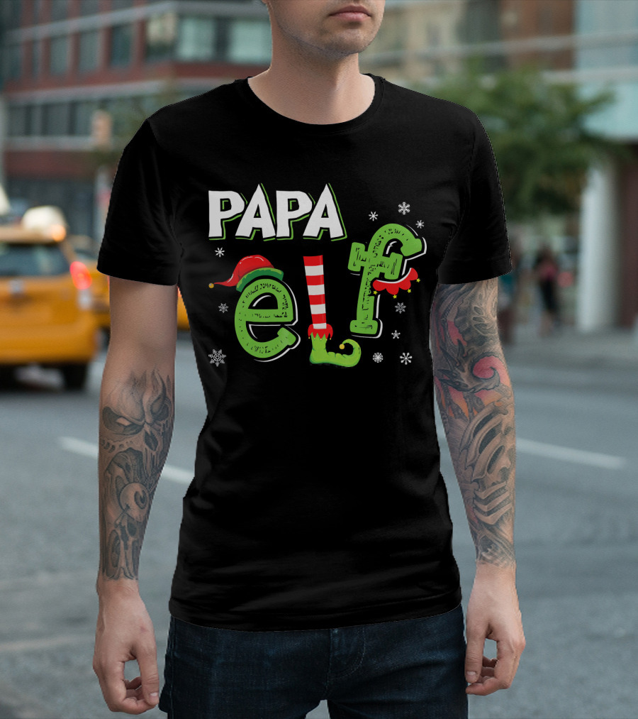 PAPA ELF Christmas Hat Stripes and Snowflakes T-Shirt