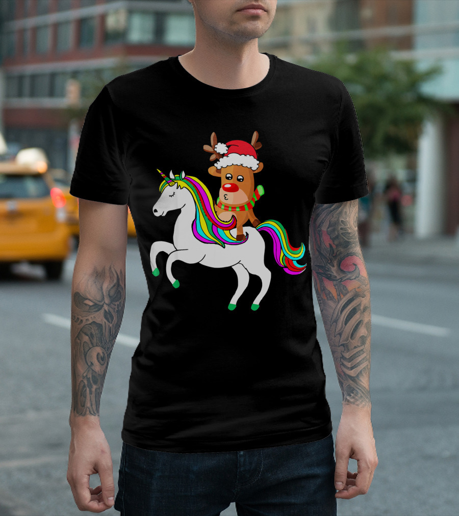 Reindeer in Santa Hat Riding Colorful-Maned Unicorn T-Shirt