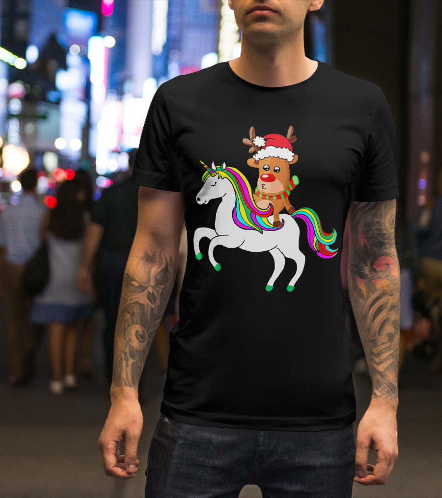 Reindeer In Santa Hat Riding Colorful-Maned Unicorn T-Shirt