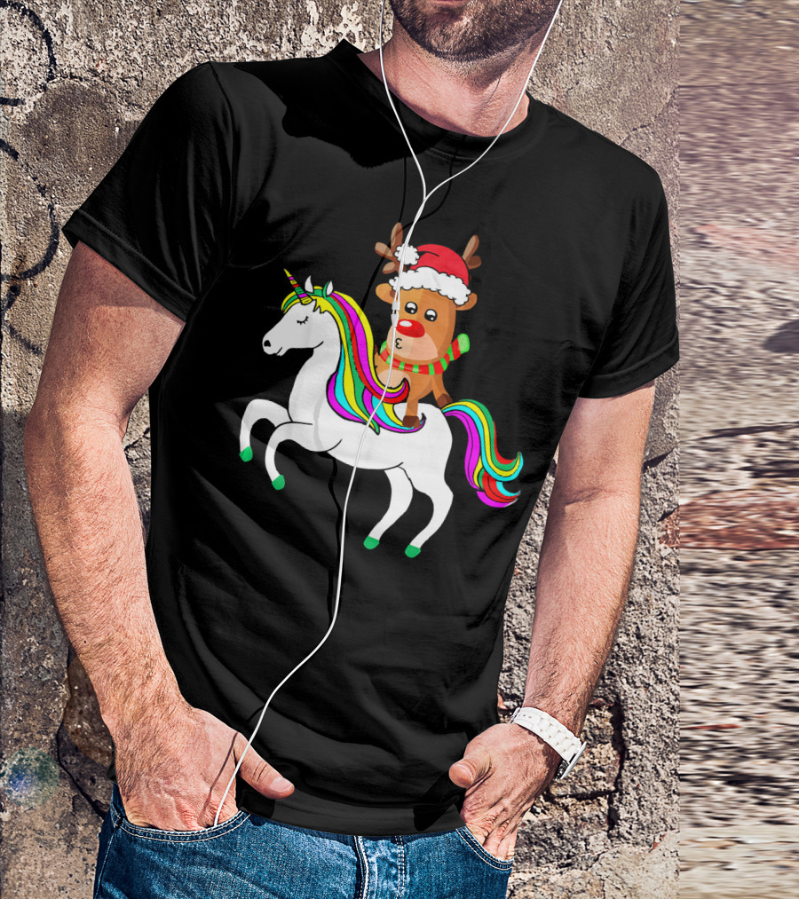 Reindeer In Santa Hat Riding Colorful-Maned Unicorn T-Shirt