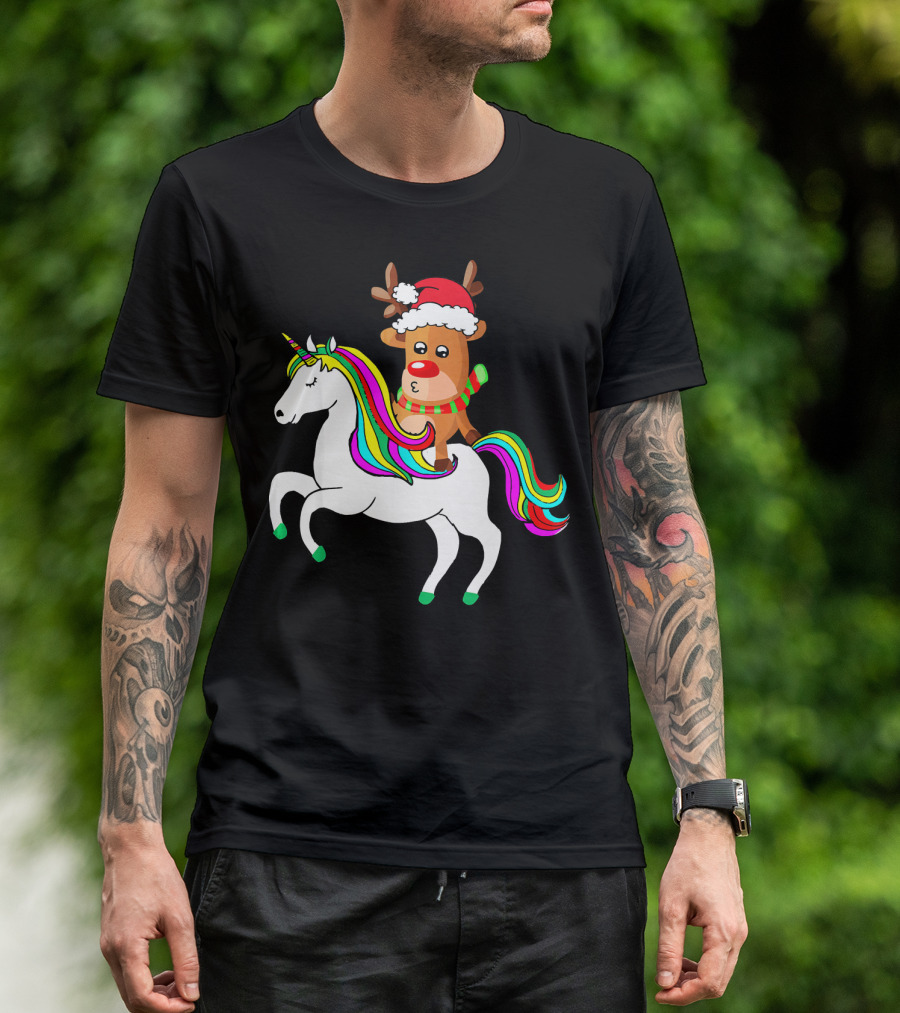 Reindeer In Santa Hat Riding Colorful-Maned Unicorn T-Shirt
