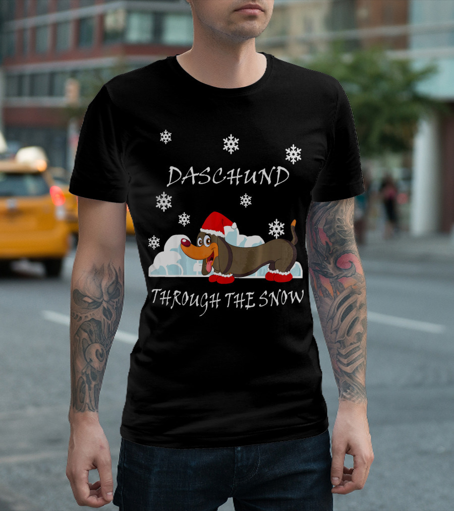 Daschund Through The Snow Santa Hat Snowflakes T-Shirt