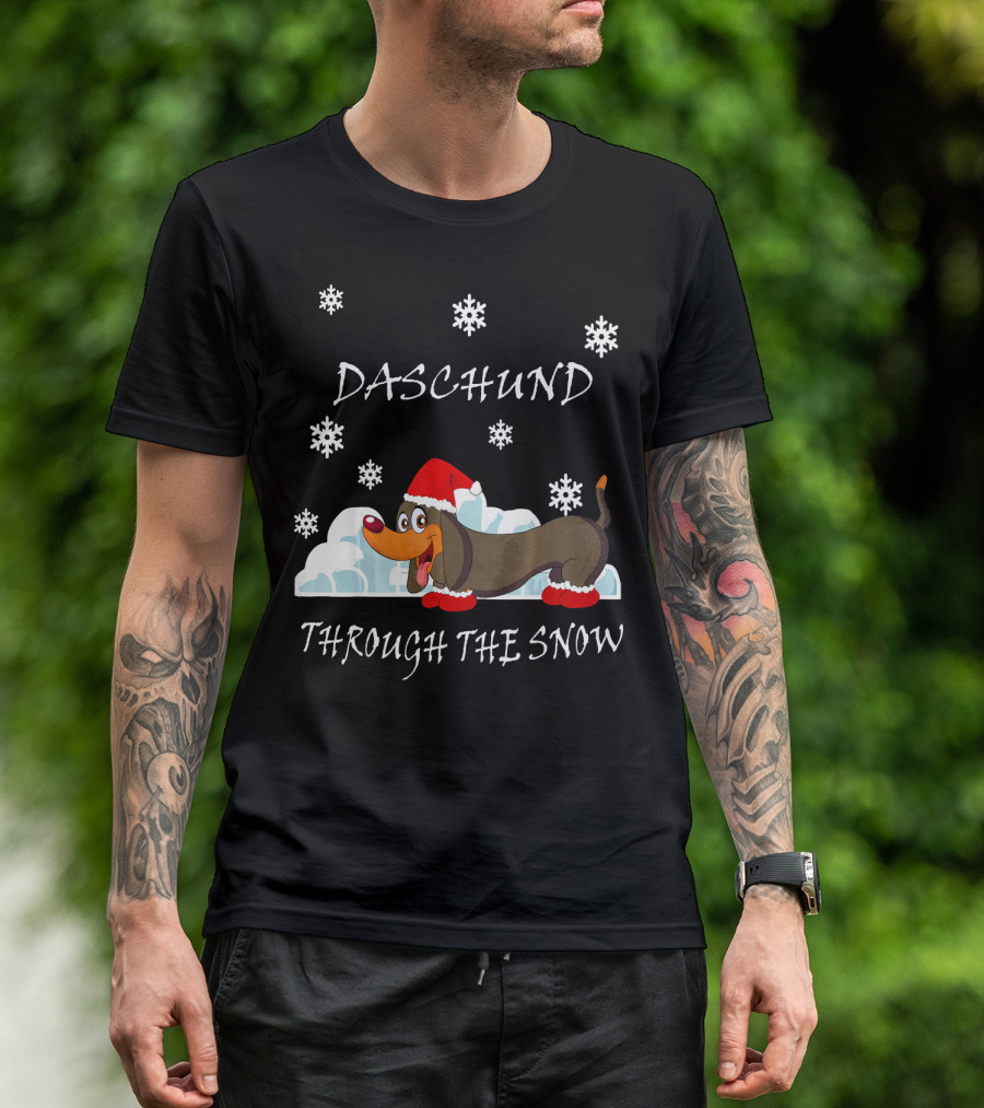 Daschund Through The Snow Santa Hat Snowflakes T-Shirt