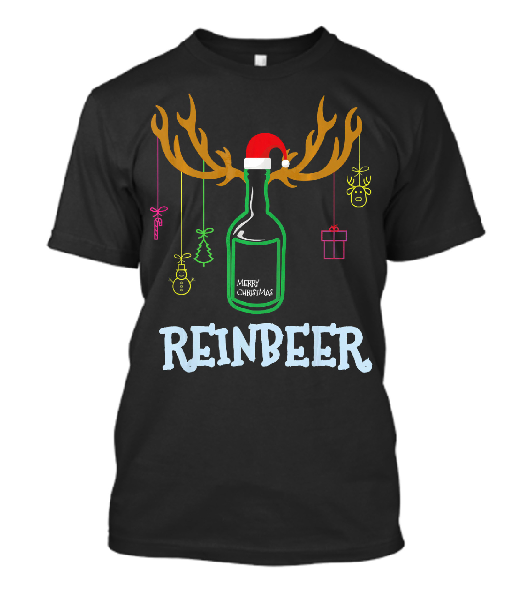 Reinbeer Merry Christmas Antler Bottle With Santa Hat And Hanging Decorations T-Shirt