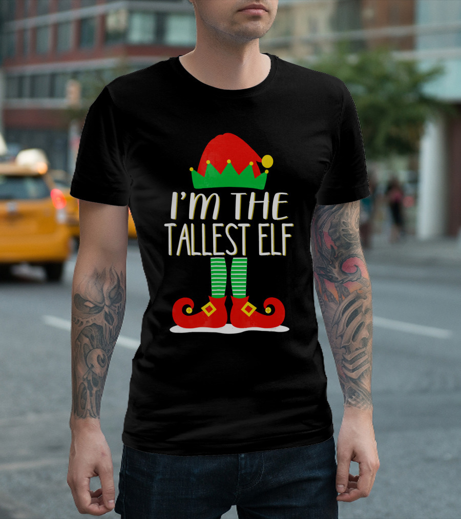 I'm The Tallest Elf Red Green Hat Striped Socks Matching Family Christmas T-Shirt
