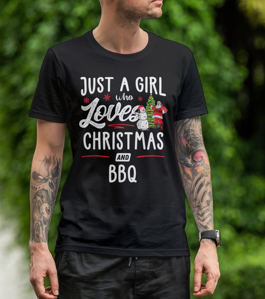 Just A Girl Who Loves Christmas Santa Snowman BBQ T-Shirt