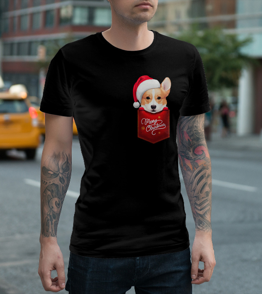 Merry Christmas Welsh Corgi in Santa Hat Pocket T-Shirt
