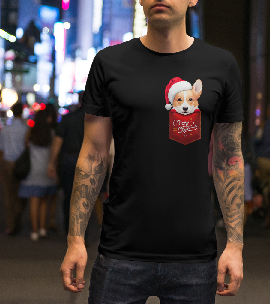 Merry Christmas Welsh Corgi In Santa Hat Pocket T-Shirt