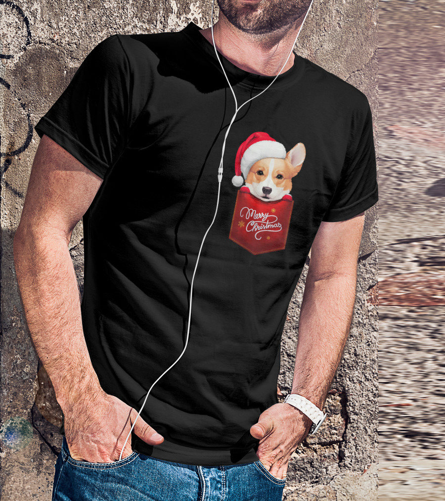 Merry Christmas Welsh Corgi In Santa Hat Pocket T-Shirt