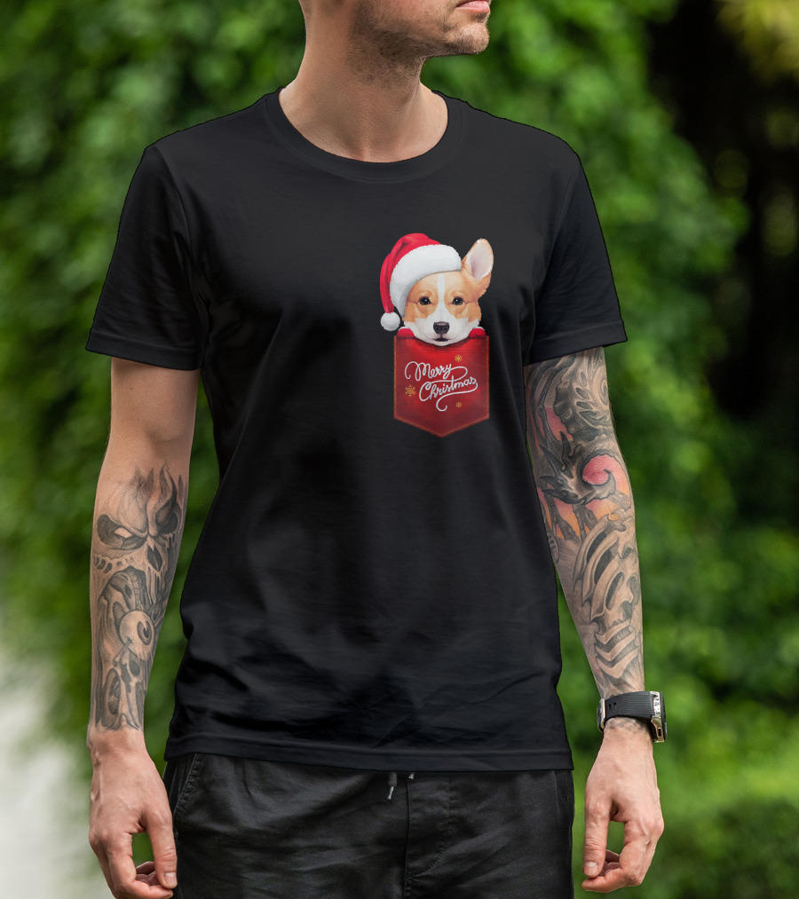 Merry Christmas Welsh Corgi In Santa Hat Pocket T-Shirt