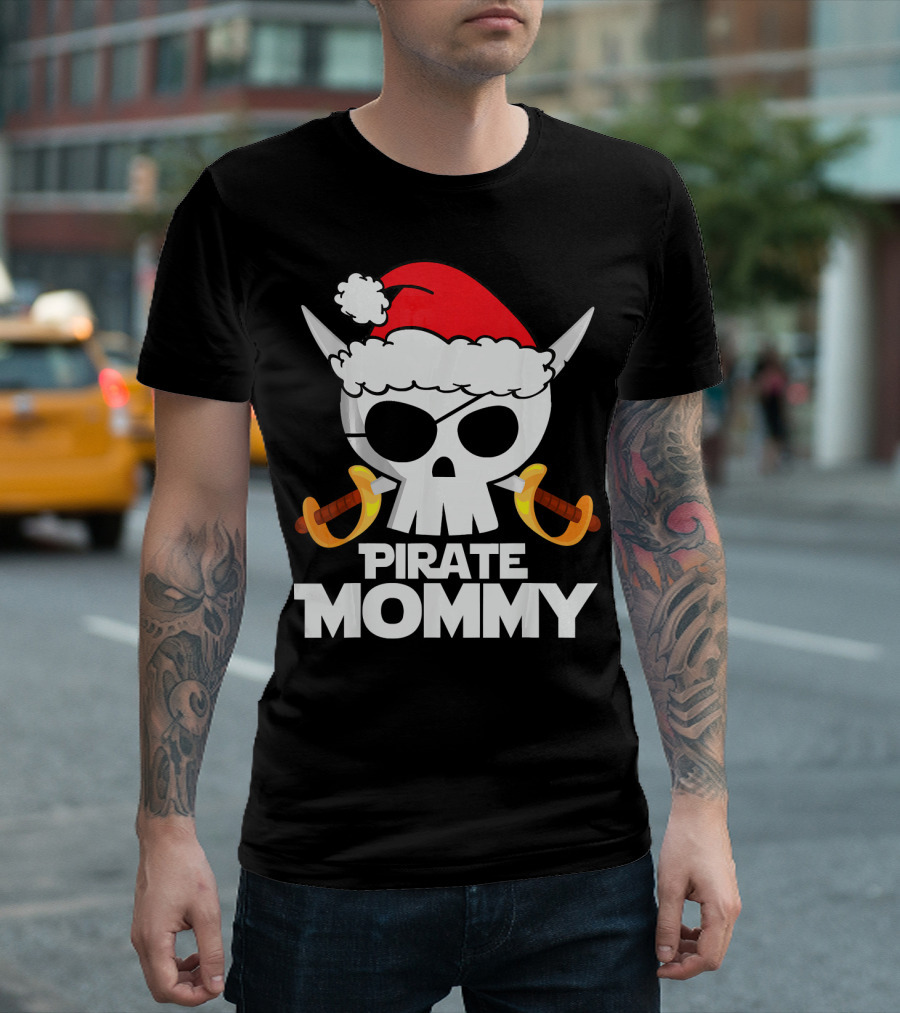 Funny Santa Claus Pirate Mommy Skull with Santa Hat and Swords T-Shirt