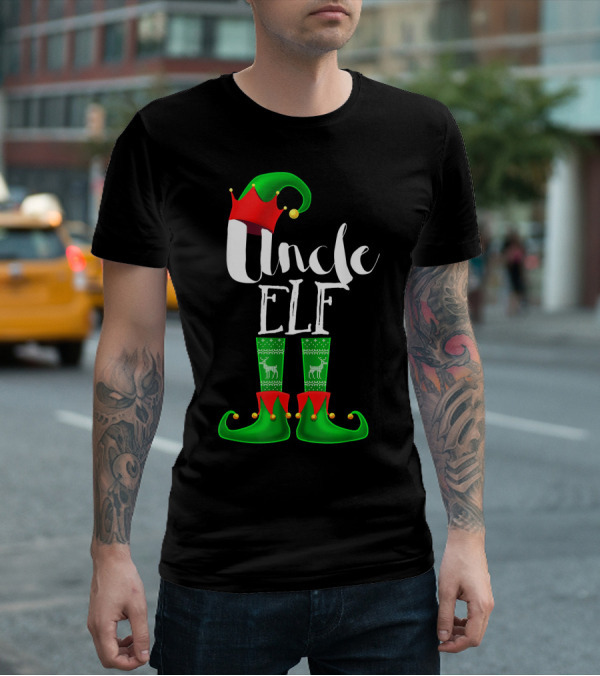 Uncle Elf Christmas Outfit With Santa Hat And Festive Green Boots T-Shirt