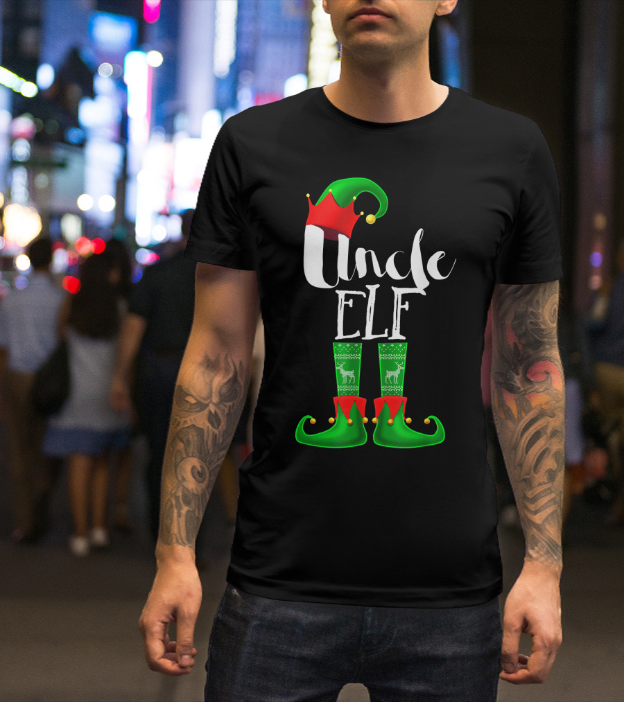 Uncle Elf Christmas Outfit With Santa Hat And Festive Green Boots T-Shirt