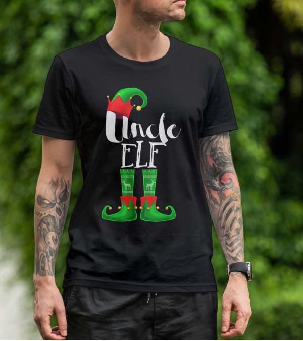 Uncle Elf Christmas Outfit With Santa Hat And Festive Green Boots T-Shirt