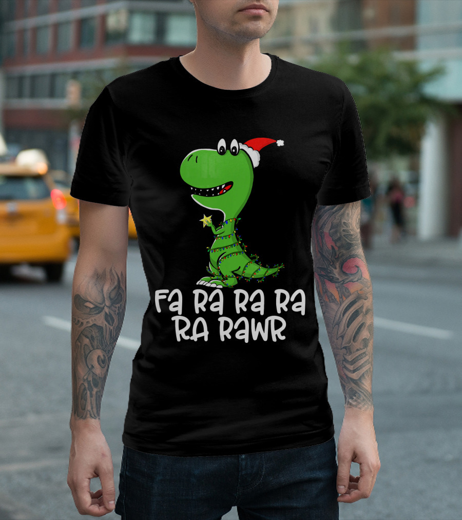 Fa Ra Ra Ra Rawr Dinosaur Christmas Lights Santa Hat T-Shirt