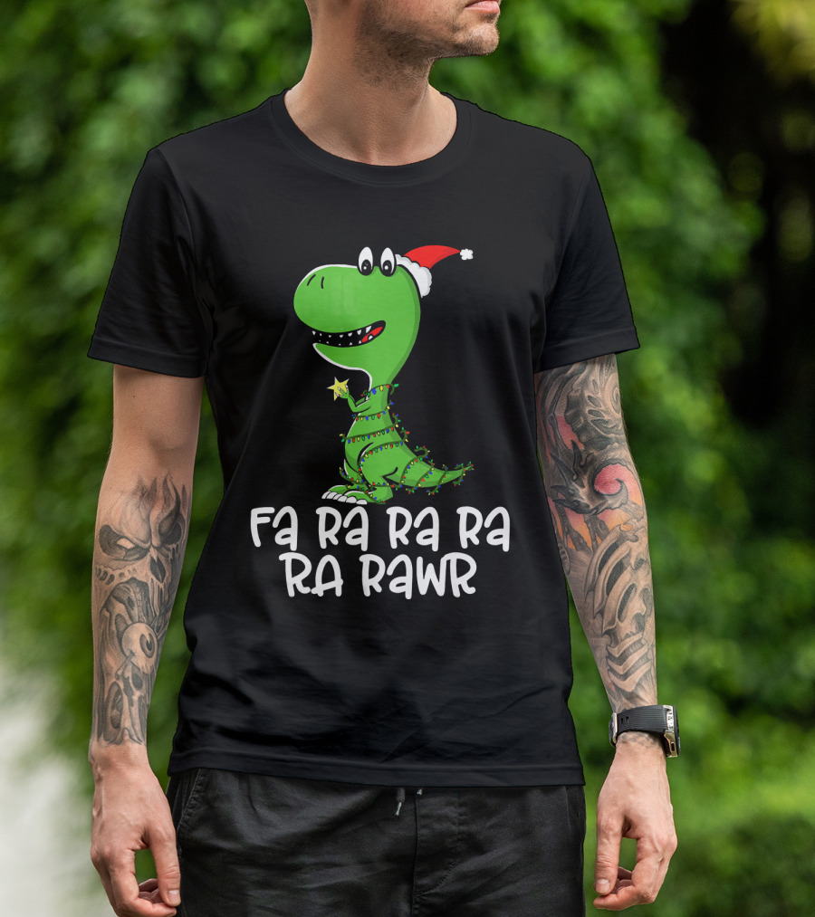 Fa Ra Ra Ra Rawr Dinosaur Christmas Lights Santa Hat T-Shirt