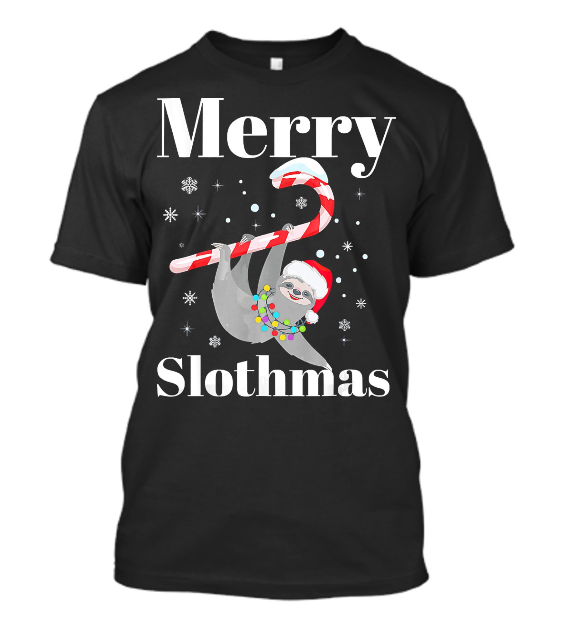 Merry Slothmas Christmas Sloths Candy Cane Santa Hat Snowflakes T-Shirt