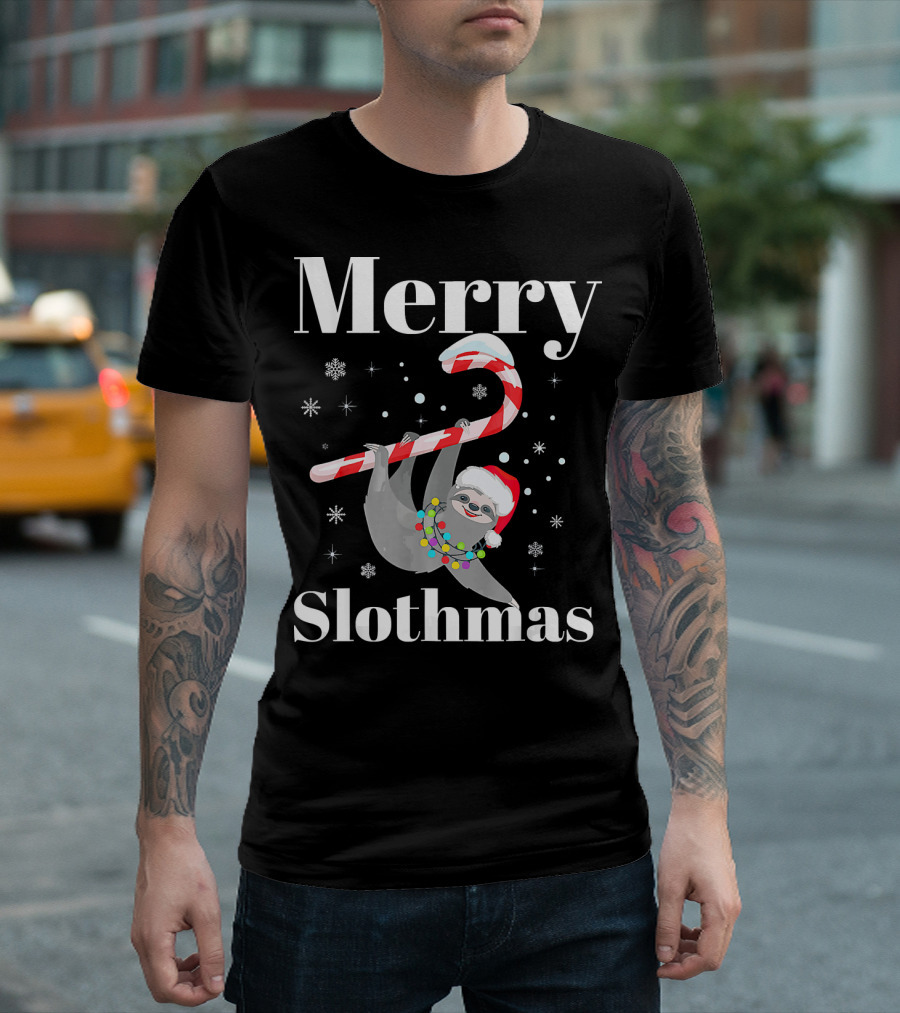 Merry Slothmas Christmas Sloths Candy Cane Santa Hat Snowflakes T-Shirt