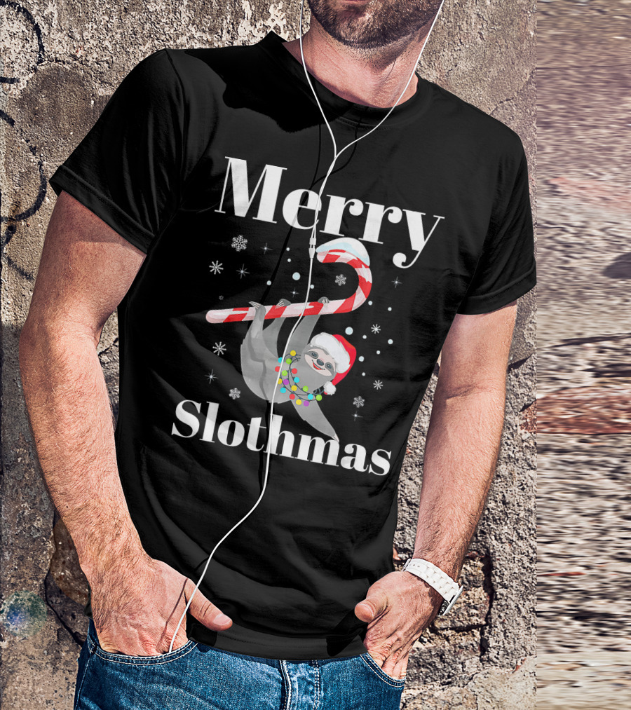 Merry Slothmas Christmas Sloths Candy Cane Santa Hat Snowflakes T-Shirt