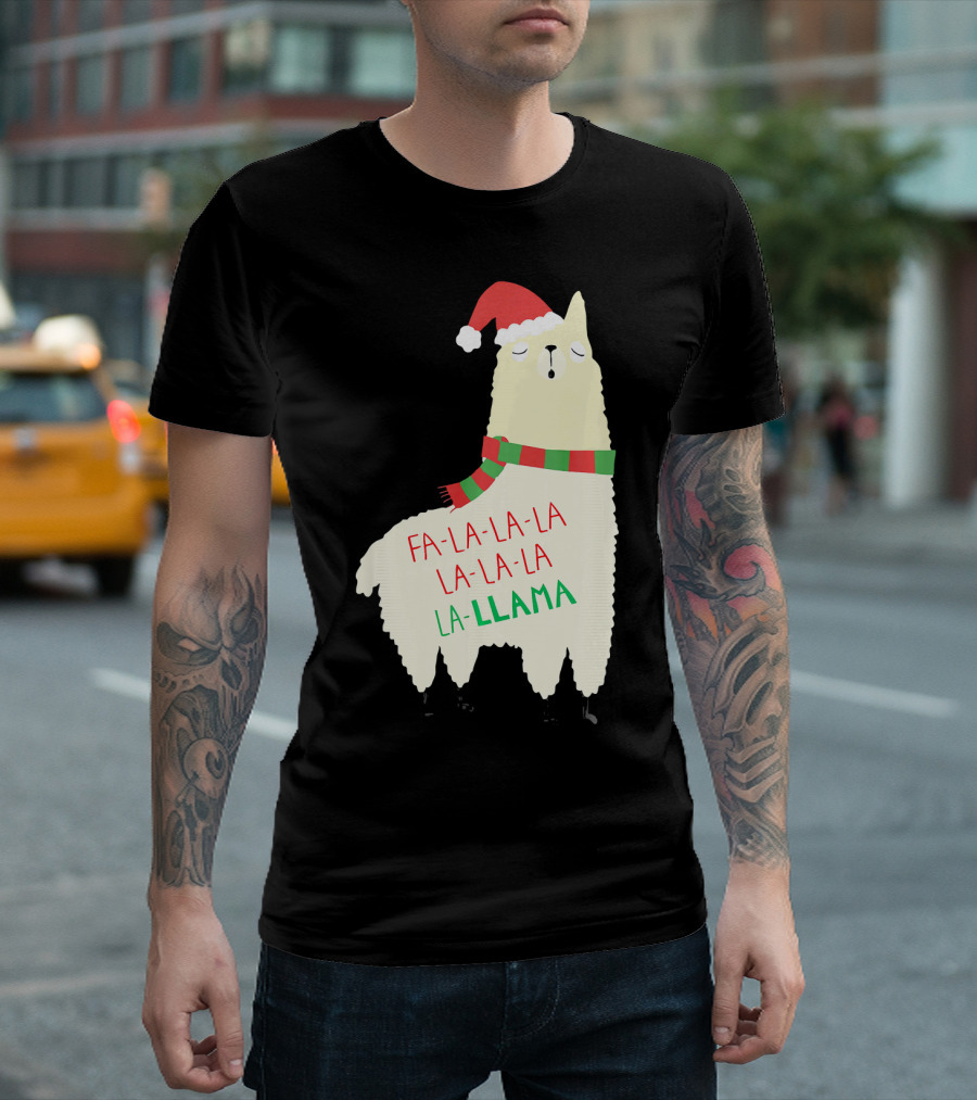 Fa La La La Llama Holiday Llama in Santa Hat and Scarf T-Shirt