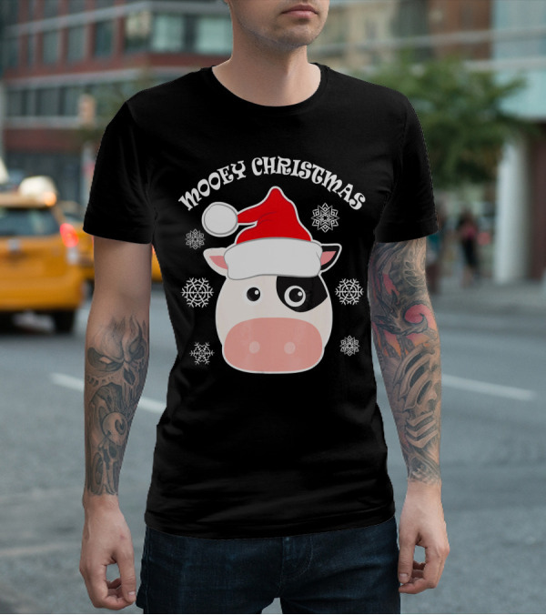 Mooey Christmas Cow Santa Hat Snowflakes T-Shirt