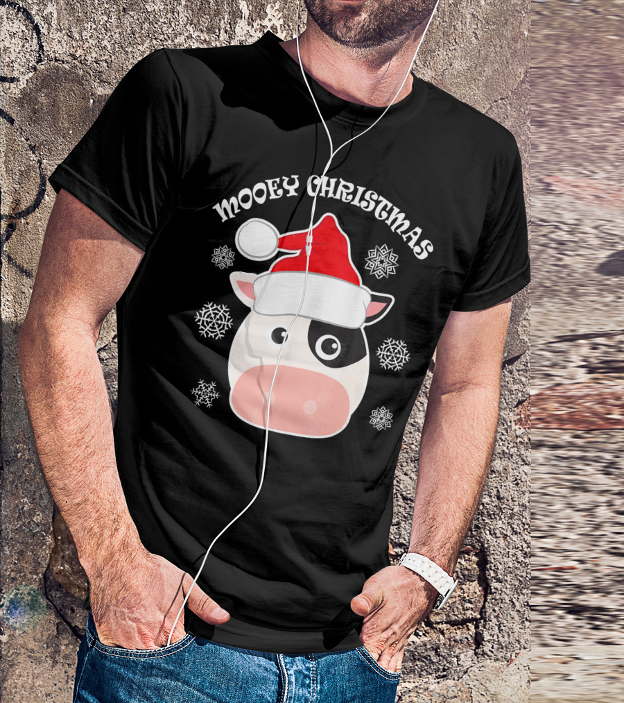 Mooey Christmas Cow Santa Hat Snowflakes T-Shirt